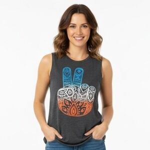 MODERN LUX Women's Graphic Peace Hand Muscle Tank Top Gray L Boho